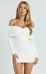 Rani Mini Dress - Off Shoulder Long Sleeve Bodycon Dress in Off White