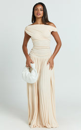 Yvonne Maxi Dress - Jersey Tip Shoulder Ruched Dress in Off White