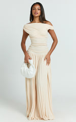 Yvonne Maxi Dress - Jersey Tip Shoulder Ruched Dress in Off White