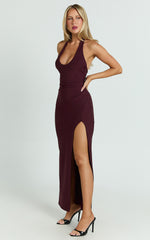 Ruby Maxi Dress - Halter Scoop Neck Low Back Bodycon Dress in Wine