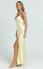 Heidi Maxi Dress - Satin Ruched Bust Tie Back Dress in Lemon