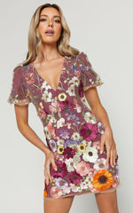 Wren Mini Dress - Puff Sleeve Bodycon 3d Garden Flowers Dress in Burgundy