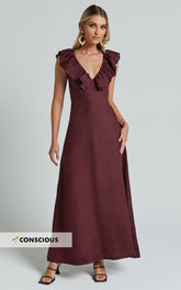 Amalie The Label - Penelope Linen Flutter Sleeve Low Back Maxi Linen Dress in Wine