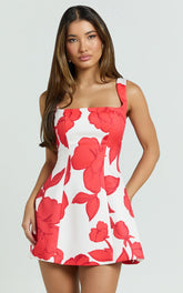 Morgan Mini Dress - Wide Strap Square Neck Fitted Bodice Tulip Skirt Dress in Bouquet Di Fiori Print