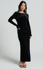 Mirabelle Midi Dress - Long Sleeve Back Cut Out Ruched Velvet Dress in Black