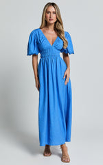 Amalie The Label - Khaila Linen Blend Plunge Puff Sleeve Midi Dress in Blue