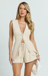 Olivia Top - Longline Linen V Neck Back Tie Vest Top in Natural