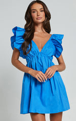 Raiza Mini Dress - Ruffle Sleeve Tie Back Plunge Dress in Blue