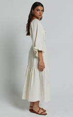 Bellenie Midi Dress - 3/4 Puff Sleeve Square Neck Smock Bodice Tiered Dress in Natural