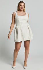 Lucia Mini Dress - Scoop Pearl Neck Boucle Dress in Cream