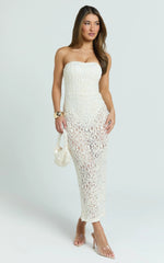 Emilee Midi Dress - Strapless Jersey Bodysuit Sheer lace Column Dress in White