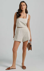 Salvador Two Piece Set - Linen Sleeveless Crop Top and High Waisted Tailored Shorts in Oatmeal