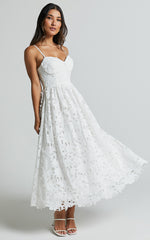Deborah Midi Dress - Strappy Sweetheart Neck Corset Lace Dress in White