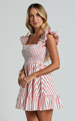 Brynlee Mini Dress - Elastic Chest Flutter Sleeve Hem Dress in Red Stripe