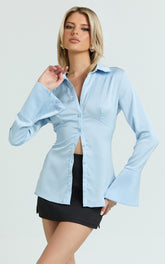 Natalie Top - Button Up Flared Sleeve Shirt in Light Blue