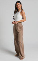 Larissa Trousers - Linen Mid Waisted Relaxed Straight Leg Trousers in Mushroom