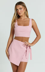 Polina Two Piece Set - Linen Square Neck Crop Top and Tie Waist Skort Set in Pale Pink