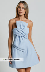 Chika Mini Dress - Linen Strapless Front Bow Dress in Pale Blue