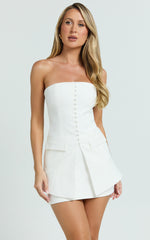 Monroe Two Piece Set - Strapless Button Down Longline Vest Top and High Waisted Mini Skirt in Cream