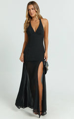Lauren Maxi Dress - Plunge Halterneck High Split Dress in Black