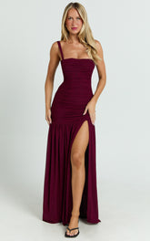 Cardi Maxi Dress - Ruched Mesh High Leg Split Dress in Wine