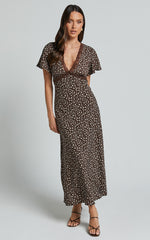 Vanya Midi Dress - V Neck Short Sleeve Lace Trim Tie Back Slip Dress in Chocolate Floral