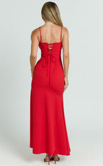 Lacie Maxi Dress - V Neck Bias Cut Ruffle Tie Front Dress in Red