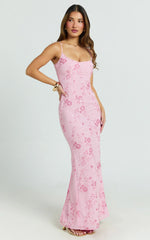 Shari Maxi Dress - Strappy Scoop Neck Column Fitted Sequin Mesh Dress in Pink