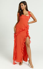 Palmer Maxi Dress - Ruffle Strap High Split Dress in Orange