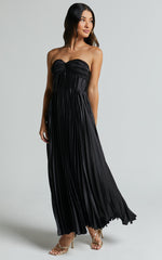 Heidi Midi Dress - Strapless Twist Bust Detail Pleated Midi Dress in Black