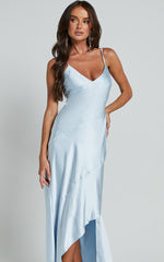 Ylona Maxi Dress - Asymmetric Draped Bias Cut Satin Slip Dress in Ice Blue