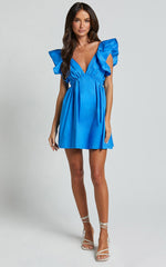 Raiza Mini Dress - Ruffle Sleeve Tie Back Plunge Dress in Blue