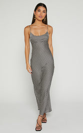 Cathreona Midi Dress - Scoop Neck Bodycon Dress in Black Geo