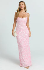 Clara Maxi Dress - Scoop Neck Tie Back Fitted Sequin Dress in Pink
