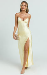 Heidi Maxi Dress - Satin Ruched Bust Tie Back Dress in Lemon