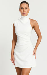 Rubie Mini Dress - High Neck Asymmetrical One Shoulder Dress in Off White