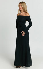 Ayla Maxi Dress - Off Shoulder Flared Sleeve Bodycon Dress in Black