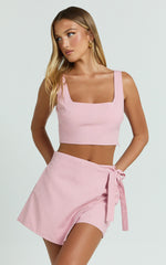 Polina Two Piece Set - Linen Square Neck Crop Top and Tie Waist Skort Set in Pale Pink