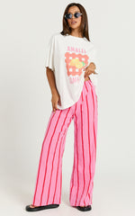 Gladiola Two Piece Set - Amalfi Limone Oversized Tee and Stripe Pant Set in Pink/Red