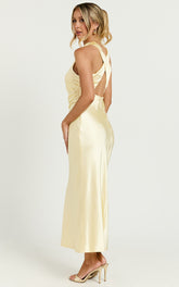 Aluna Midi Dress - High Neck Cross Back Satin Slip Dress in Lemon