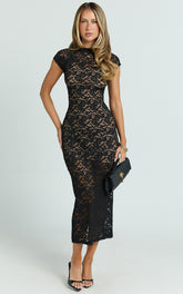 Emma Midi Dress - Lace Cap Sleeve Bodycon Dress in Black