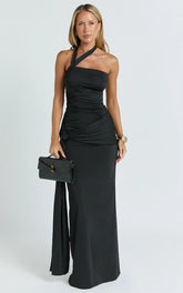 Ginny Maxi Dress - Asymmetric Neck Waist Tie Dress in Black
