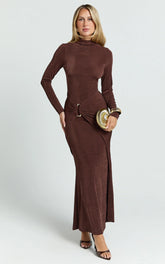 Maxime Maxi Dress - Long Sleeve Twist Front Dress in Chocolate