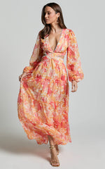 Anthea Midi Dress - V Neck Cut Out Tiered Dress in Yellow Print