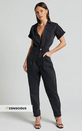 Jordyn Jumpsuit - Short Sleeve Collared Button Through Denim Jumpsuit in Black Wash