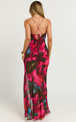 Talia Maxi Dress - Cowl Neck Low Back Dress in Hyper Tropical Print