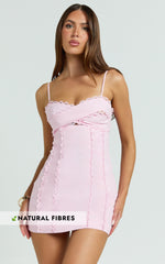 Gigi Mini Linen Blend Dress - Sweetheart Tie Back Scallop Detail Dress in Pink