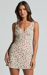 Amalea Mini Dress - Wide Strap Ruched Bust Dress in Red Floral