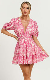 Adea Mini Dress - Plunge Puff Sleeve Tiered Dress in Pink Floral