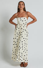 Miriam Midi Linen Dress - Strappy Straight Neck A Line Dress in Beige & Black Spot